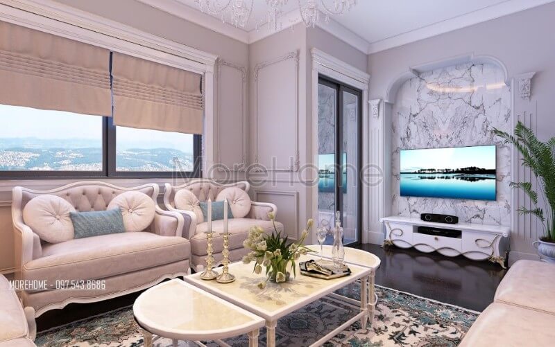 Mẫu sofa phòng khách cao cấp với tone màu trắng chủ đạo mang đến một không gian tiếp khách sang trọng và tinh tế. sofa tân cổ điển