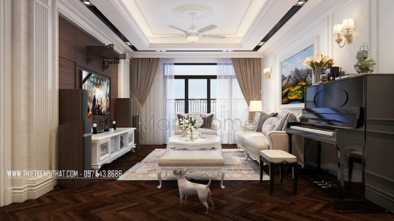 Bộ sofa màu trắng được đặt chính giữa không gian tạo cảm giác vững chãi và tiện nghi hơn cho gia chủ trong quá trình sử dụng sofa tân cổ điển