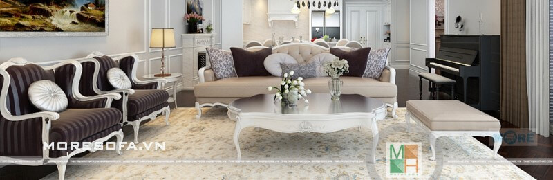 Sofa tân cổ điển MS-027 gỗ tự nhiên Tần bì sơn trắng, bọc nỉ nhập khẩu cao cấp cho phòng khách đẹp sofa tân cổ điển