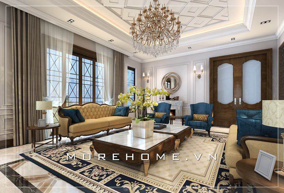 Thiết kế sofa với khung gỗ óc chó đẹp uốn lượn kiểu dáng tân cổ điển nhấn nút thắt phồng chi tiết từ vỏ bọc da nâu sang trọng phù hợp với không gian phòng khách biệt thự nhà phố. sofa tân cổ điển
