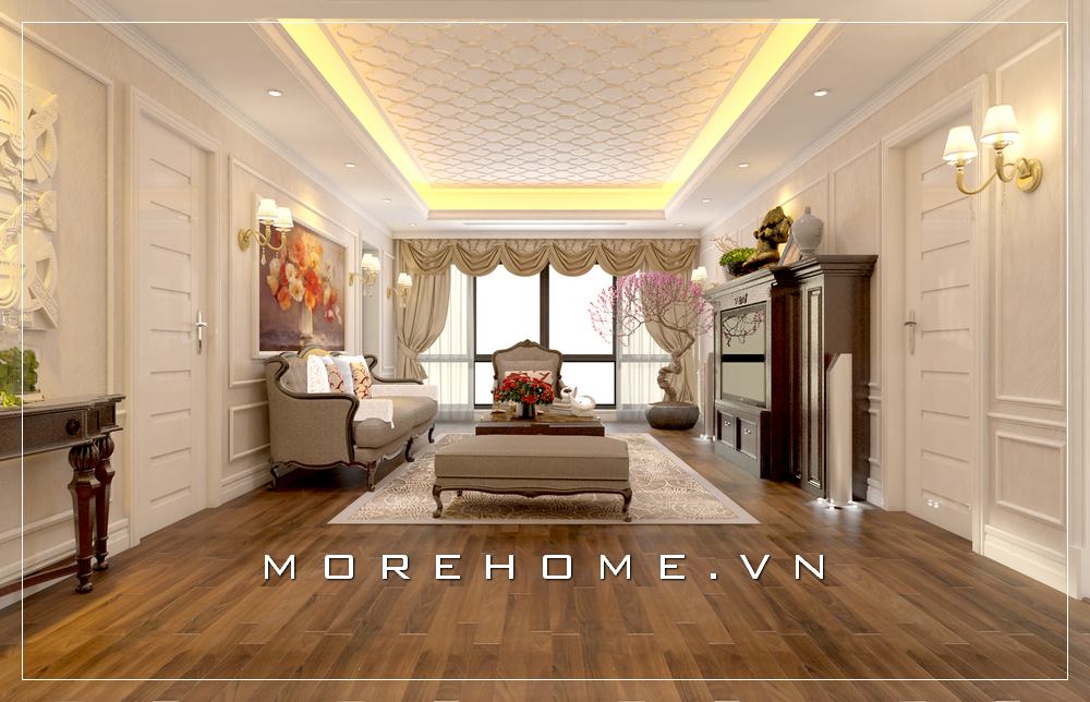 Bộ sofa tân cổ điển bọc vải màu kem sang trọng cho không gian phòng khách chung cư sofa tân cổ điển