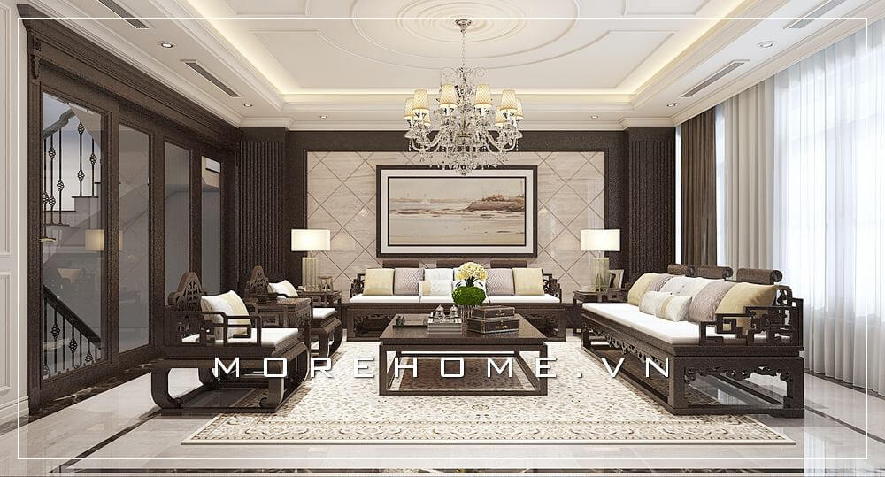 Sofa gỗ óc chó với thiết kế tân cổ điển luôn mang lại vẻ đẹp chắc chắn, sang trọng kết hợp với lớp đệm màu trắng tạo cảm giác êm ái cho người ngồi. sofa tân cổ điển